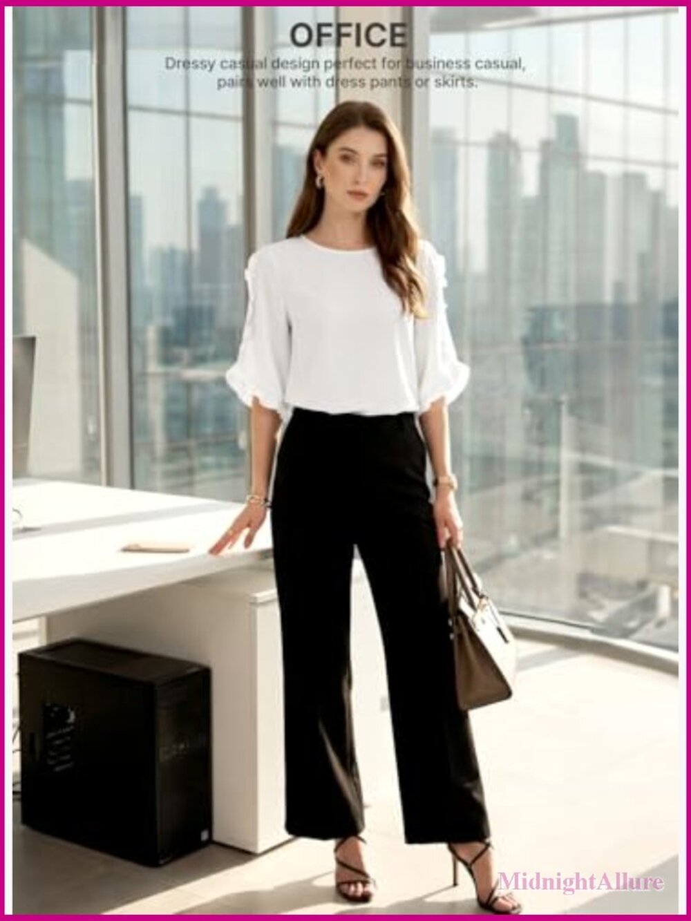 3/4 Ruffle Sleeve Blouse Business Casual Tops Summer - Picture 5 of 7